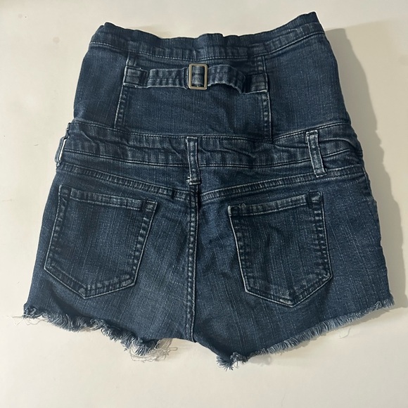 High Waist Blue Denim Shorts with Frayed Hem - Picture 2 of 3
